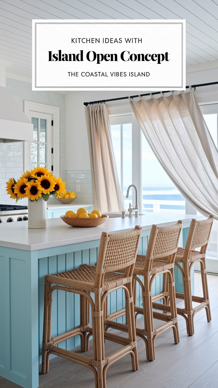 Bright coastal kitchen with light blue island, wicker stools, sunflowers, and lemons. Large windows and curtains reveal ocean view. Cozy, airy ambiance.