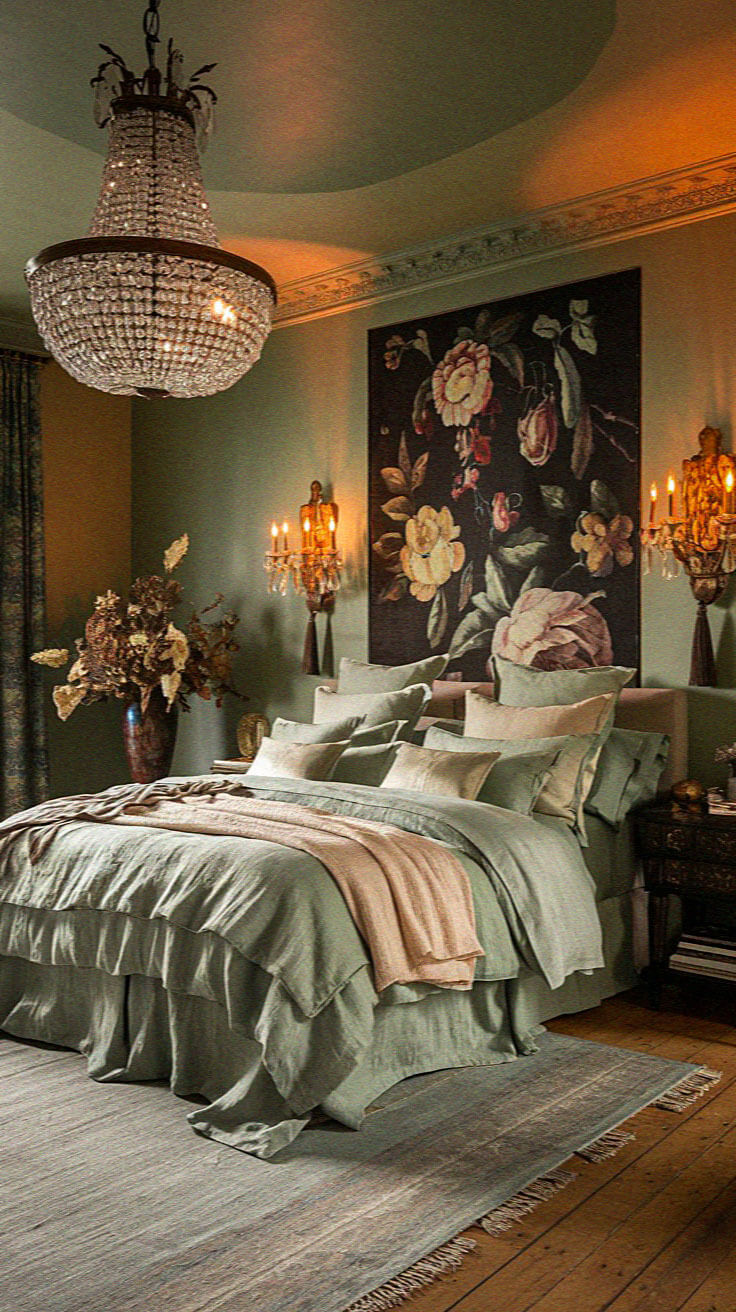 Elegant bedroom with a large chandelier, floral artwork, ornate sconces, and layered bedding in soft hues, creating a cozy, vintage atmosphere.