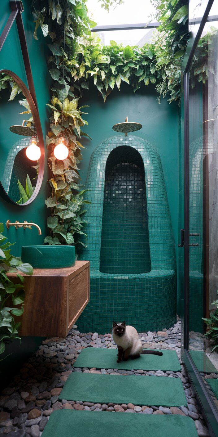 A lush bathroom features vibrant green tiles, hanging plants, a cat on stone flooring, and a sleek wooden vanity under a skylight.