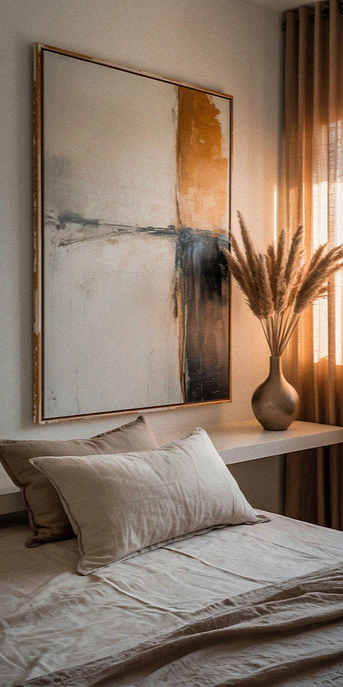 Cozy bedroom with a modern abstract painting, beige bed linens, and vase with pampas grass by a softly lit window and curtains.