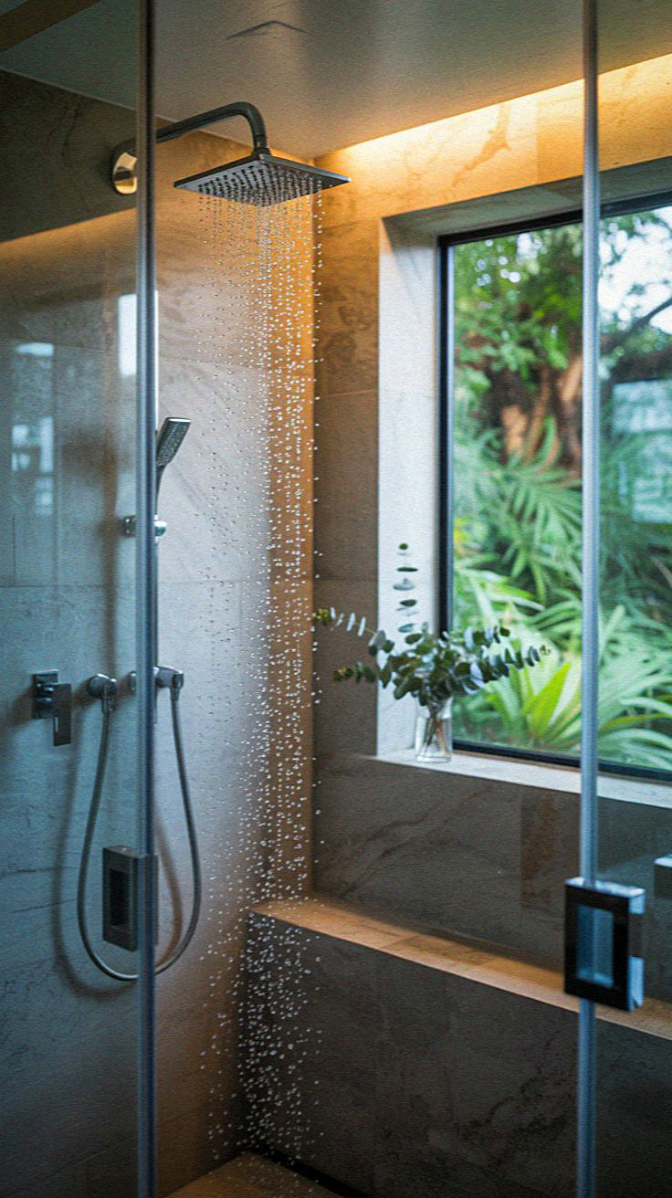 Modern bathroom shower with glass doors, gray tiles, and overhead rain showerhead. Large window reveals greenery outside, enhancing the serene atmosphere.