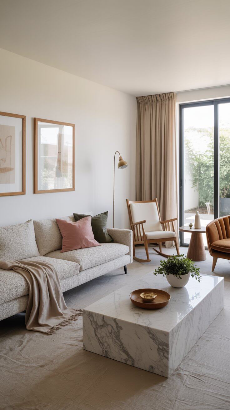 A cozy, modern living room features a cream sofa, marble coffee table, and warm accents, with large windows overlooking a serene garden.