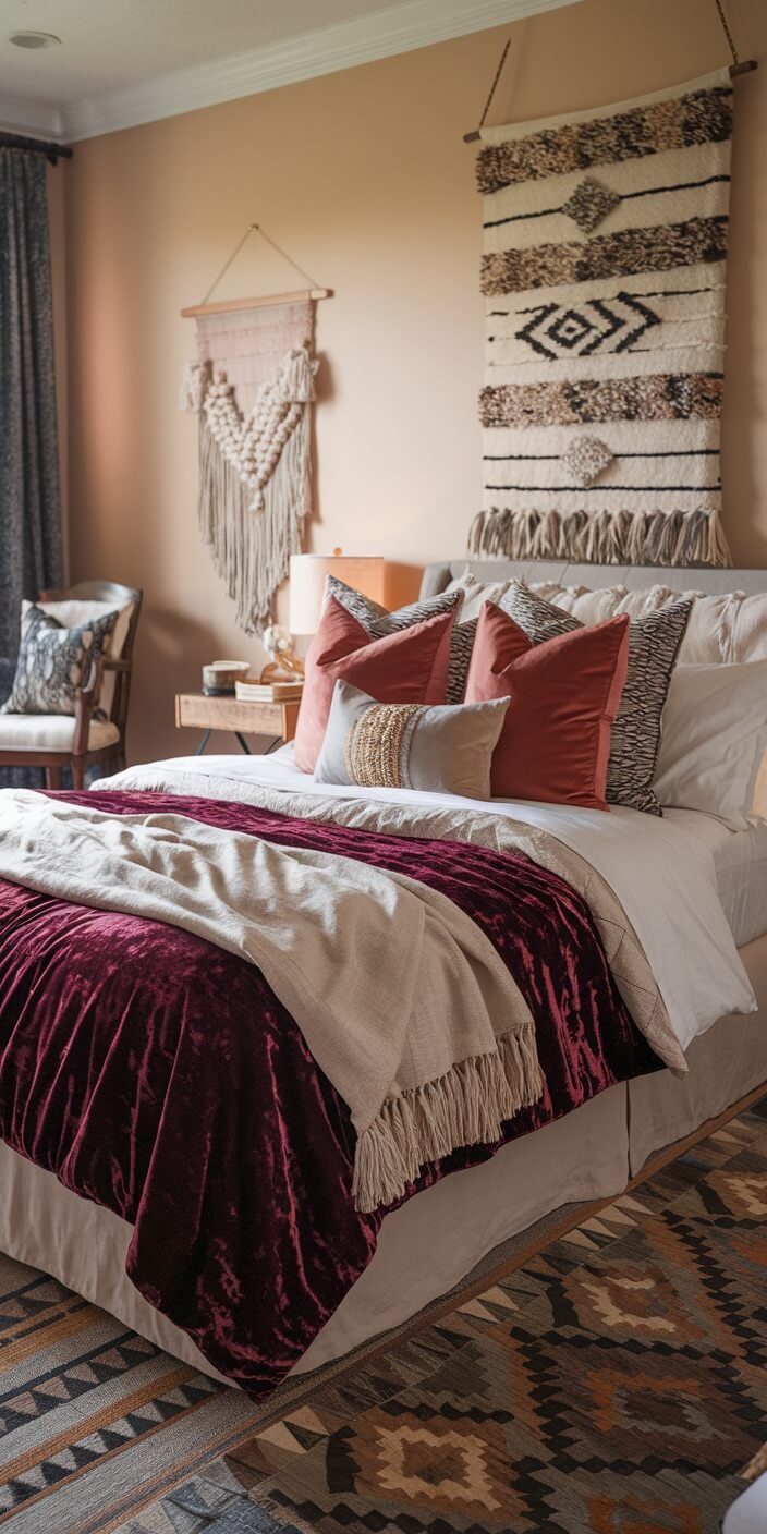 Cozy bedroom with boho decor, featuring textured wall hangings, a plush bed with layered blankets, and accent pillows in warm, earthy tones.