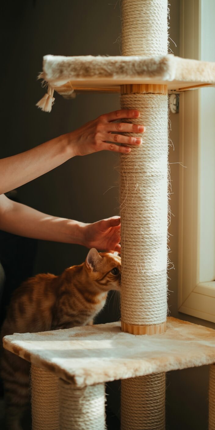 A person adjusts a cat tree as an orange cat sniffs the rope post by a sunlit window.