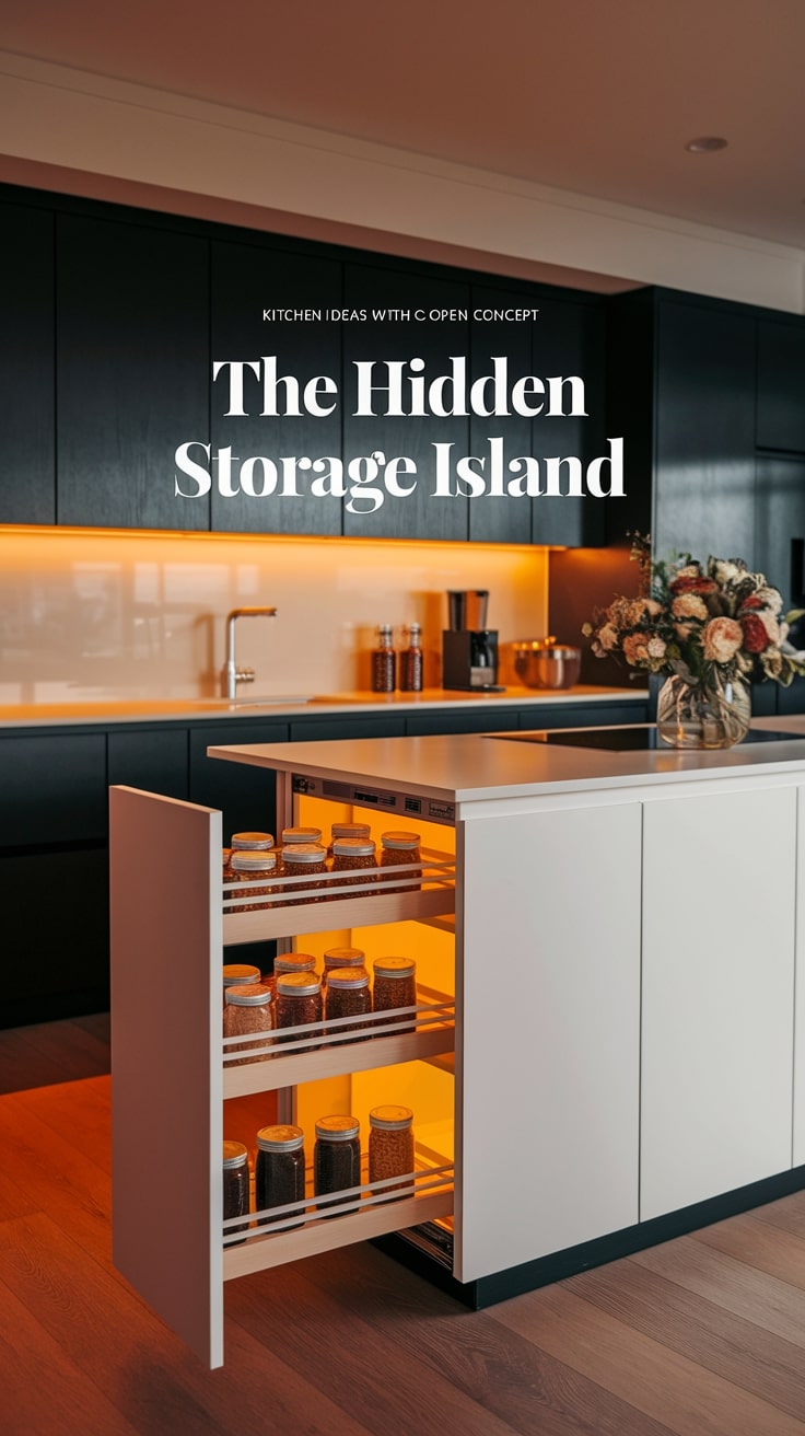 Modern kitchen with sleek, open concept design featuring hidden storage island with pull-out shelving. Soft lighting highlights dark cabinets and elegant decor.