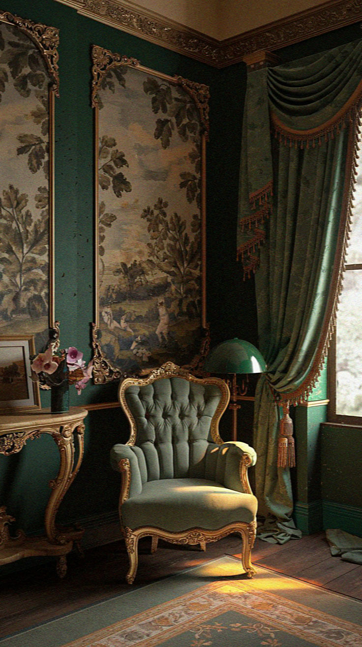 Elegant Victorian-style room with ornate green chair, patterned curtains, vintage paintings, decorative console table, and soft natural light from the window.