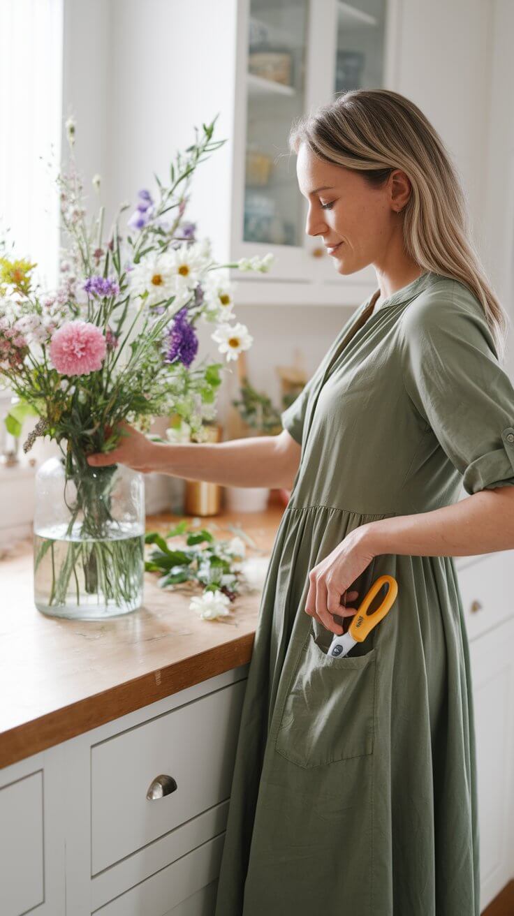 A person arranging flowers in a vase on a kitchen counter, wearing a green dress with scissors in the pocket. Bright and serene setting.