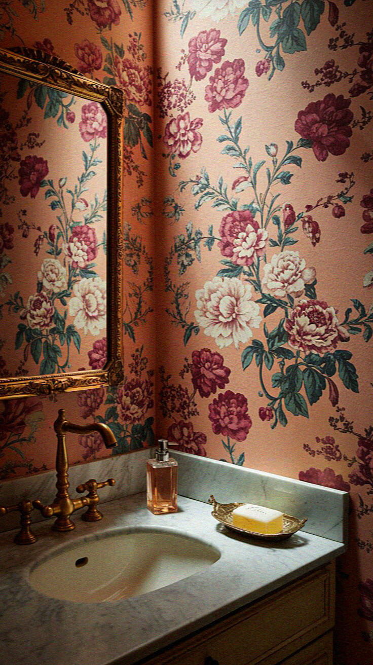 Floral wallpaper bathroom with marble sink, gold faucet, ornate mirror, soap, and perfume bottle, creating an elegant and vintage atmosphere.