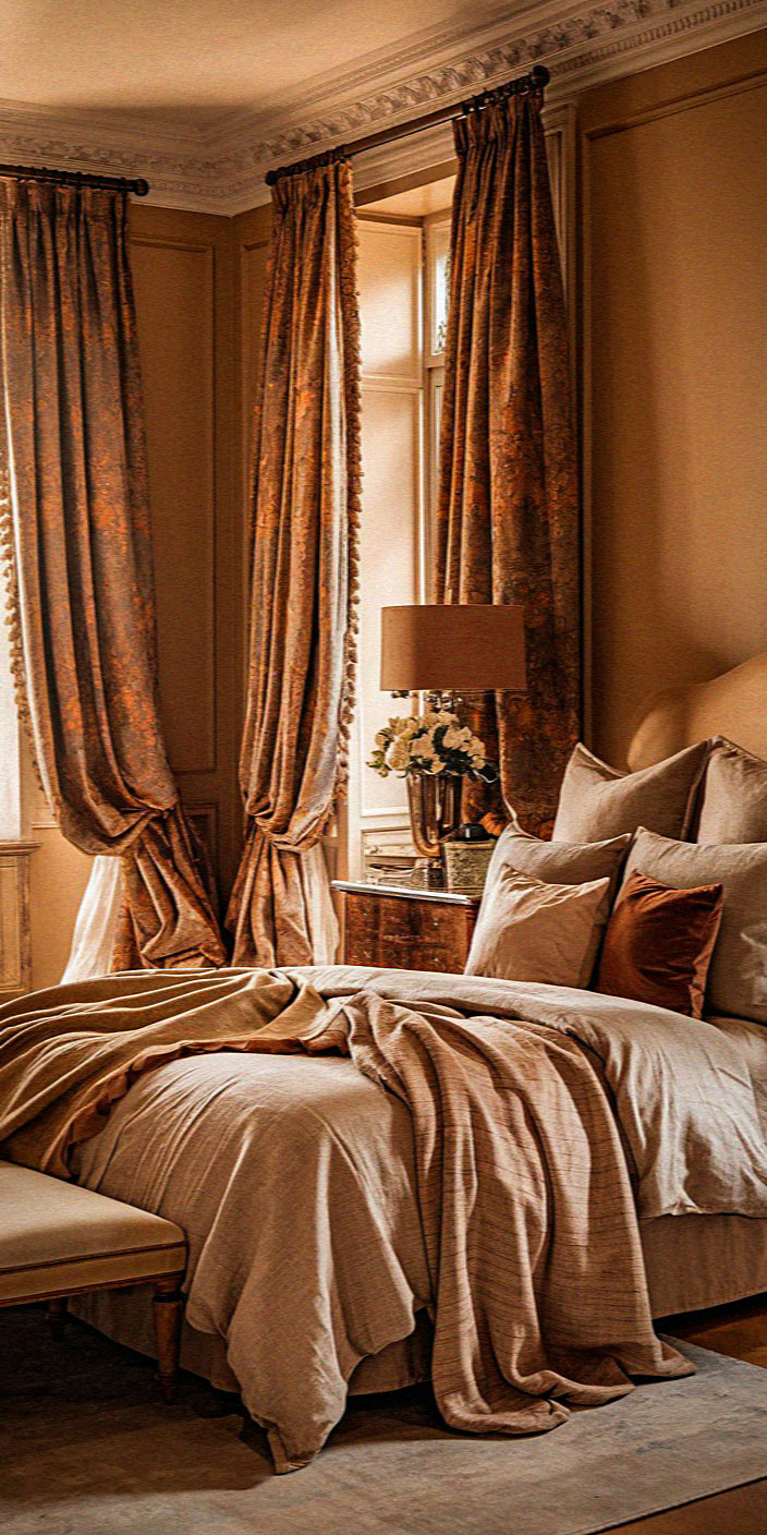 Luxurious bedroom features elegant drapery, plush bedding, and ambient lighting, creating a warm, inviting atmosphere with classic decorative elements.