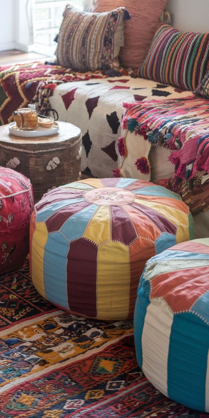 A cozy room with colorful cushions, patterned textiles, and a wooden side table serves tea, creating a warm, inviting atmosphere.