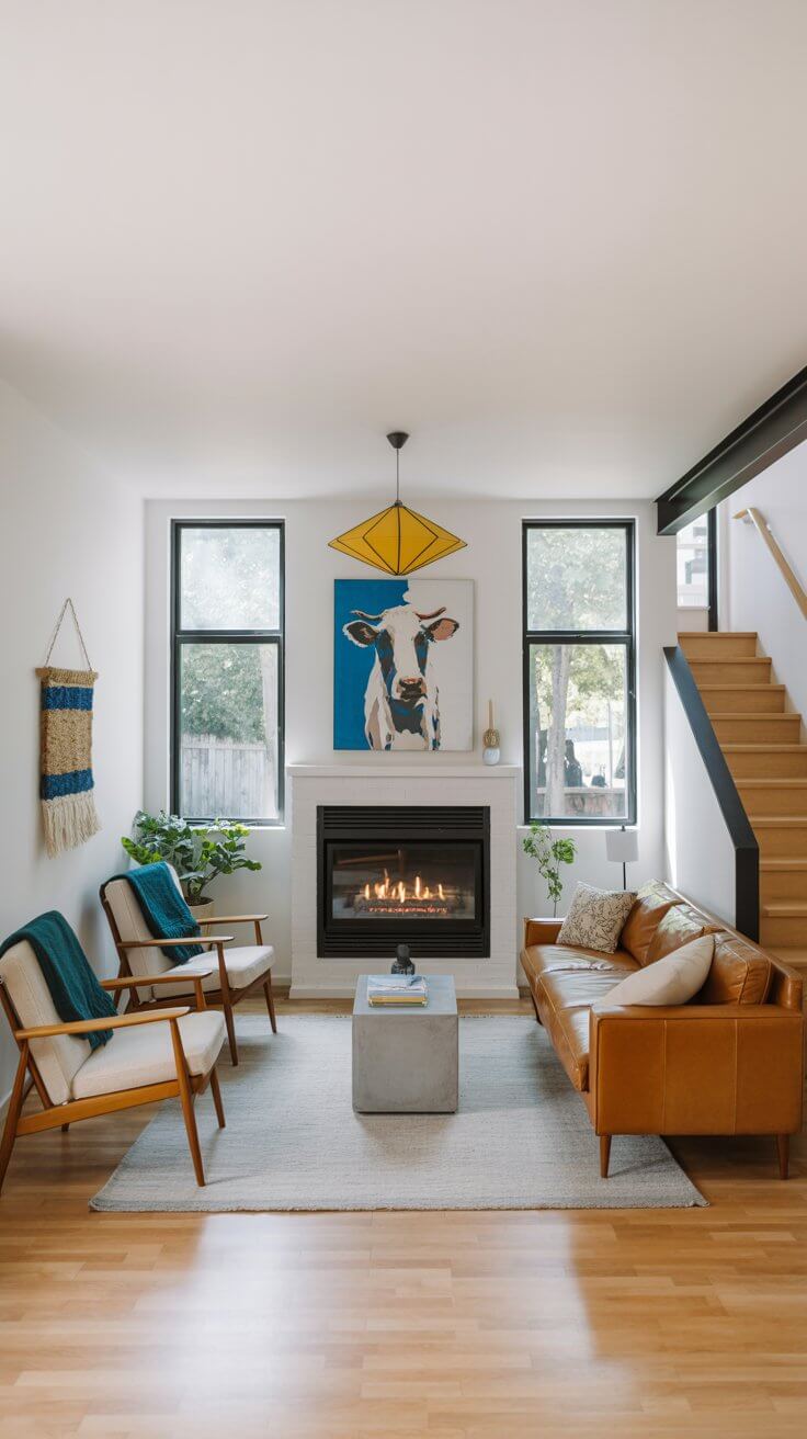 Cozy living room with a fireplace, cow art, brown couch, chairs, plants, and staircase. Modern decor with ample natural light.