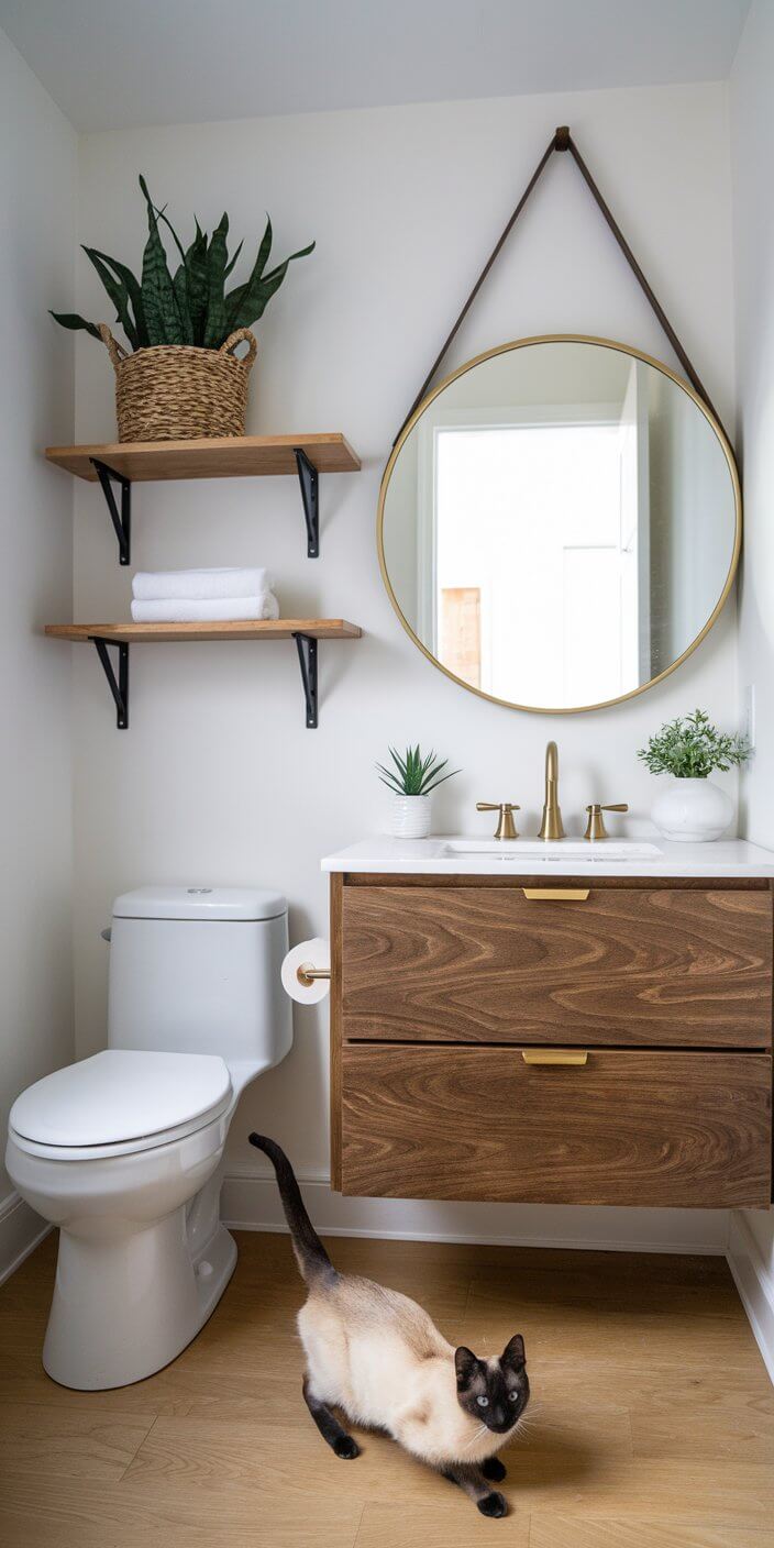 Modern bathroom with wooden vanity, round mirror, and shelves. A cat stands on the wooden floor. Potted plants add a natural touch.