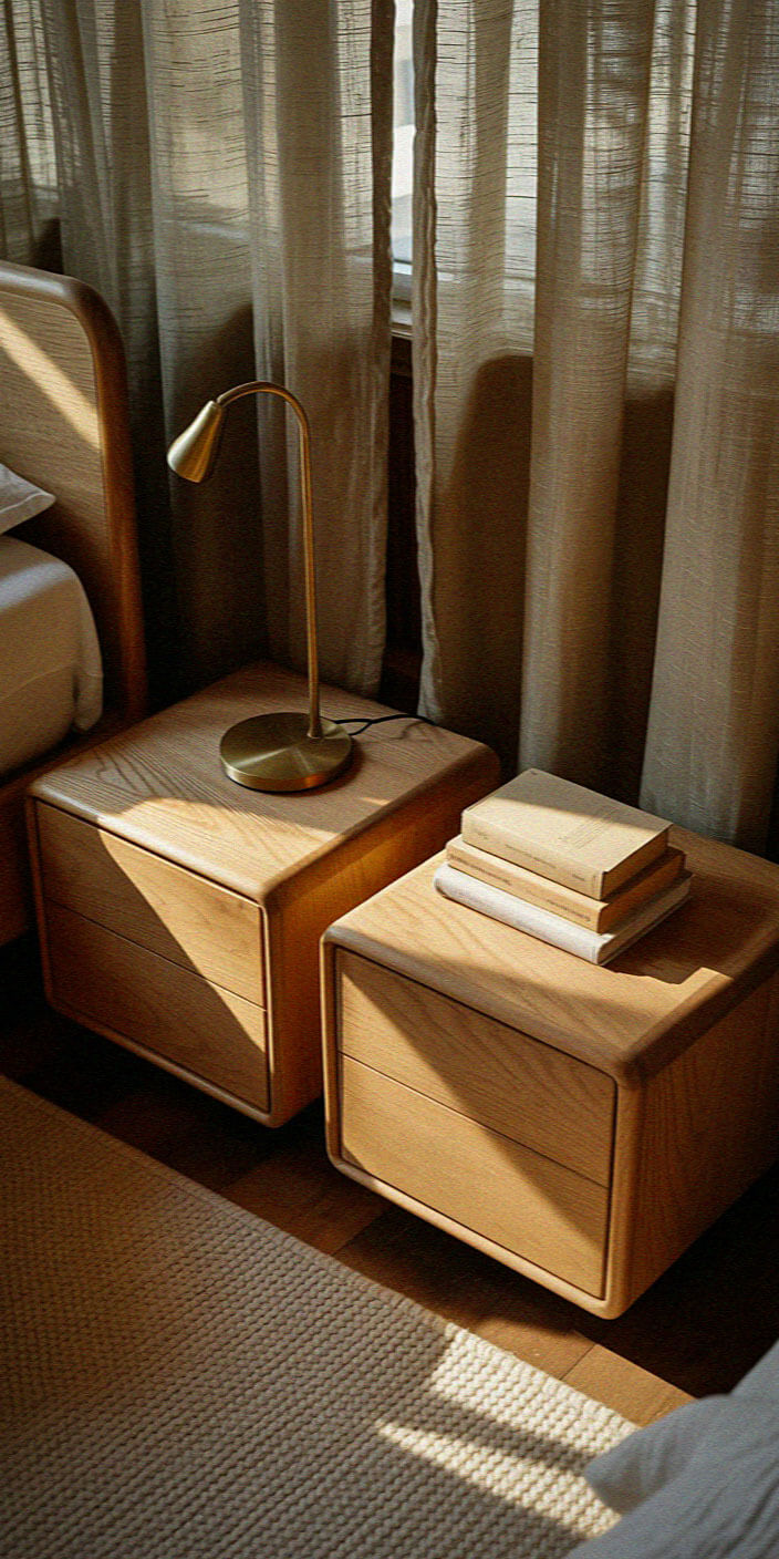Cozy bedroom corner features wooden side tables, a sleek brass lamp, and stacked books, bathed in warm sunlight filtered through sheer curtains.