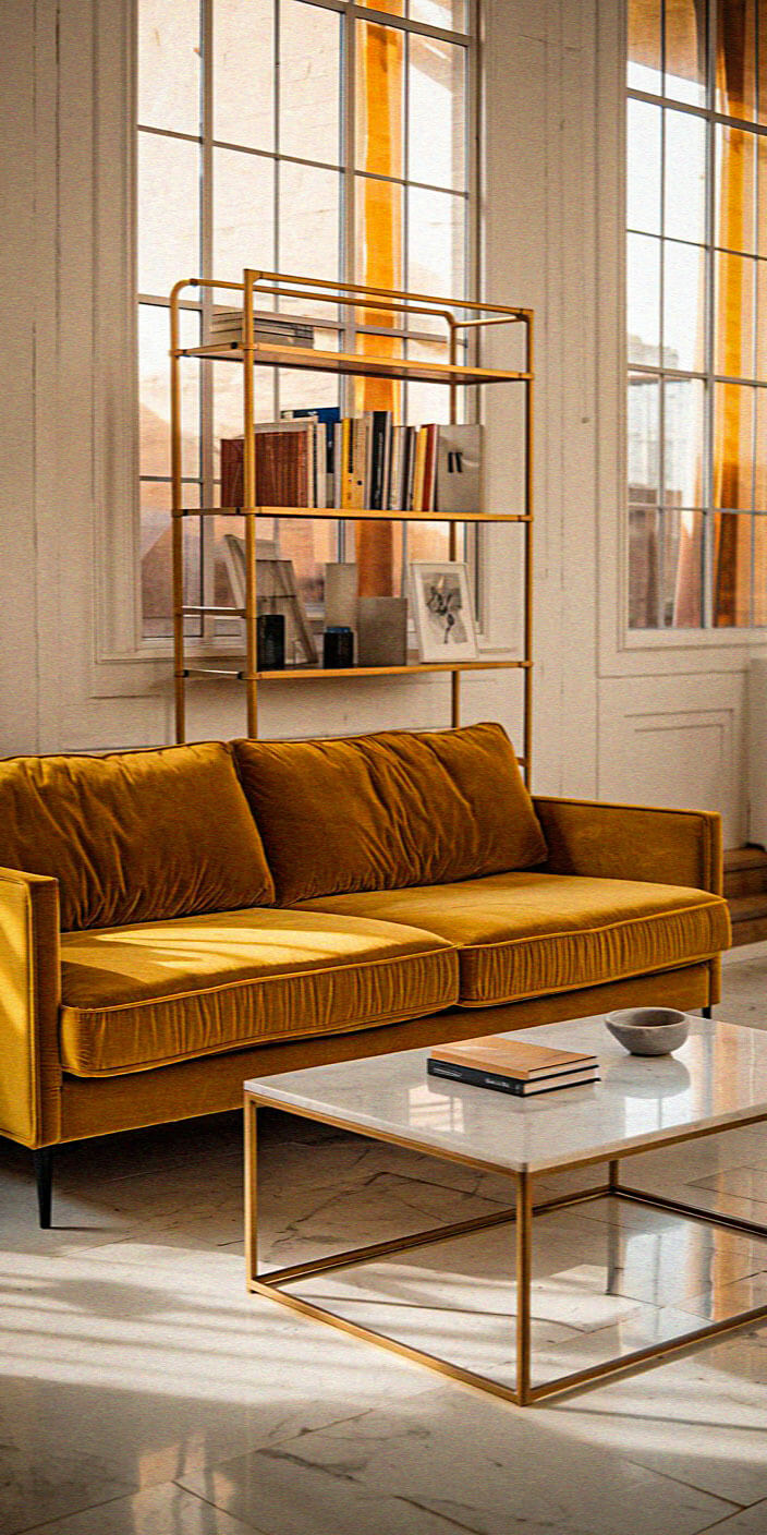 A cozy, sunlit room features a mustard-yellow sofa, marble coffee table, and a modern bookshelf, creating a warm, inviting atmosphere.