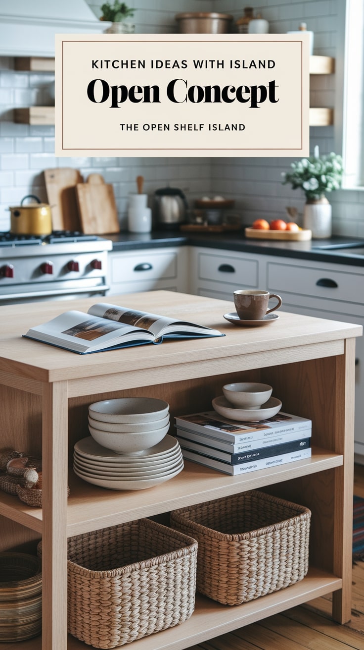 Modern kitchen with open concept design, featuring a wooden island, open shelves with dishes, woven baskets, and a cup with a book.
