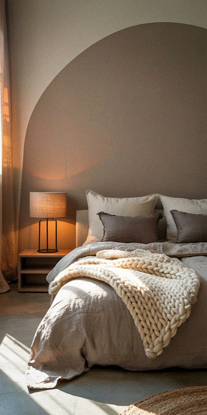 A cozy bedroom with a minimalist design, featuring a neatly made bed, decorative pillows, a knitted throw, and a warm-lit bedside lamp.