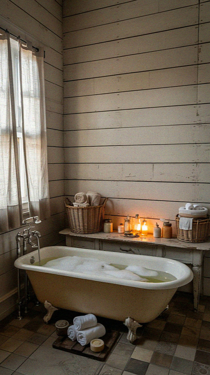 Cozy bathroom with a vintage clawfoot tub, candles, and towels. Rustic wood panel walls and soft natural light create a relaxing ambiance.
