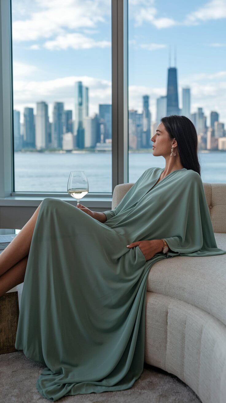 A person in an elegant dress sits with a wine glass, city skyline visible through window, featuring the John Hancock Center.