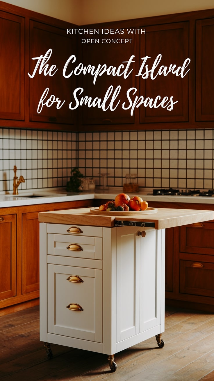 A kitchen with wooden cabinets, tiled backsplash, and a compact island on wheels, topped with a bowl of various fruits.