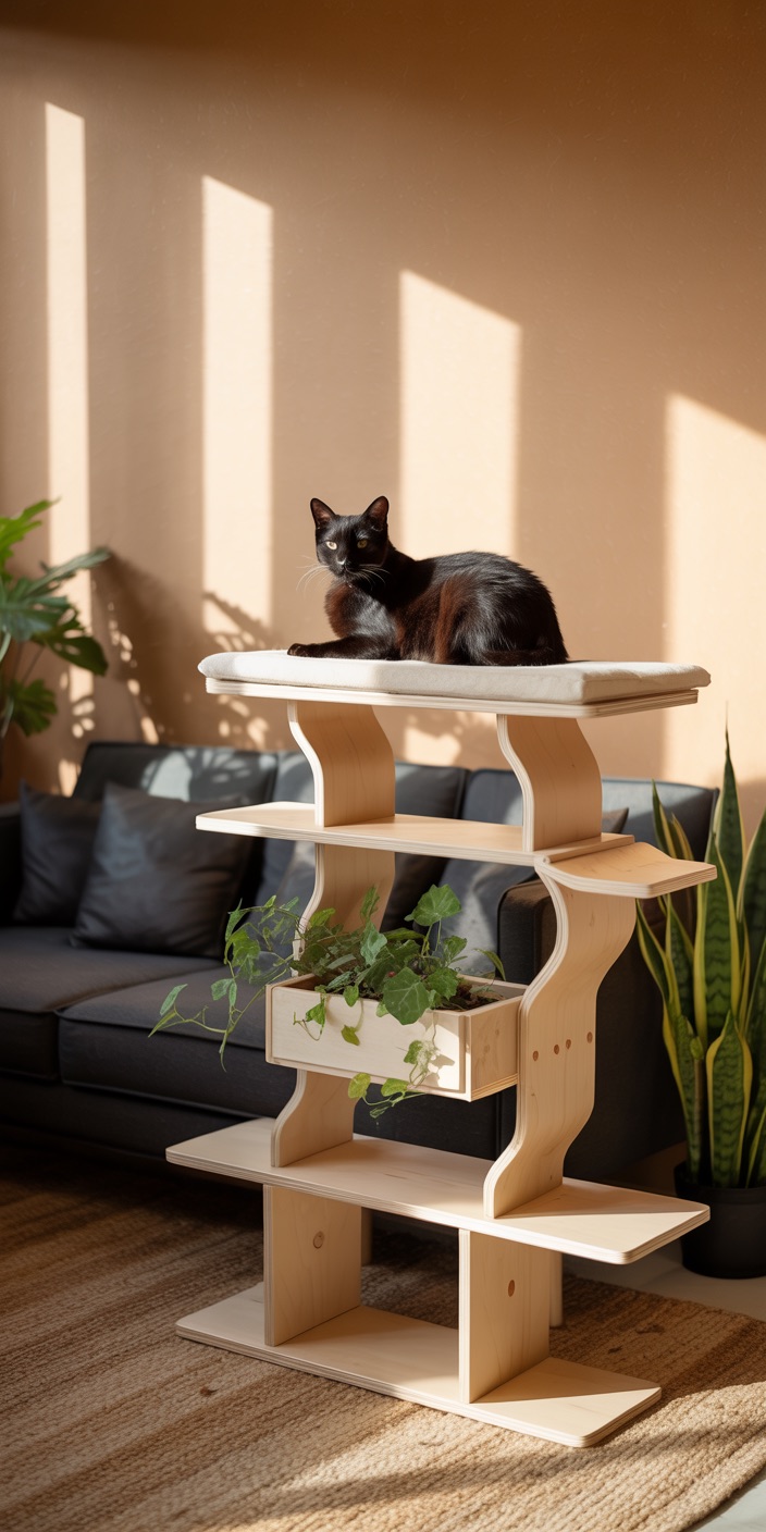 A black cat lounges on a stylish wooden cat tree with plants. Sunlight streams through a window, casting shadows in a cozy room.