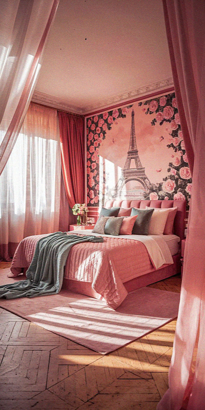 A cozy pink bedroom with a floral wall mural featuring the Eiffel Tower, sheer curtains, and colorful pillows on a neatly made bed.