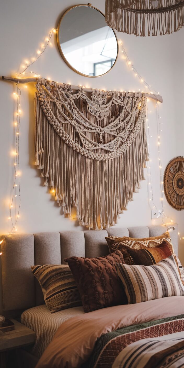 Cozy bedroom with beige bed, patterned pillows, macramé wall hanging, round mirror, and warm string lights, creating a bohemian, inviting atmosphere.