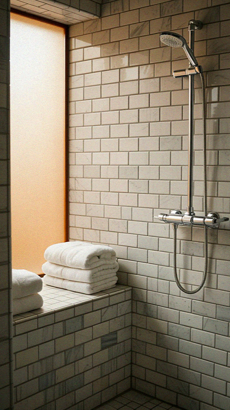 Tiled shower area with a modern showerhead, tall frosted window, and stacked white towels on a tiled bench. Clean, minimalist design.