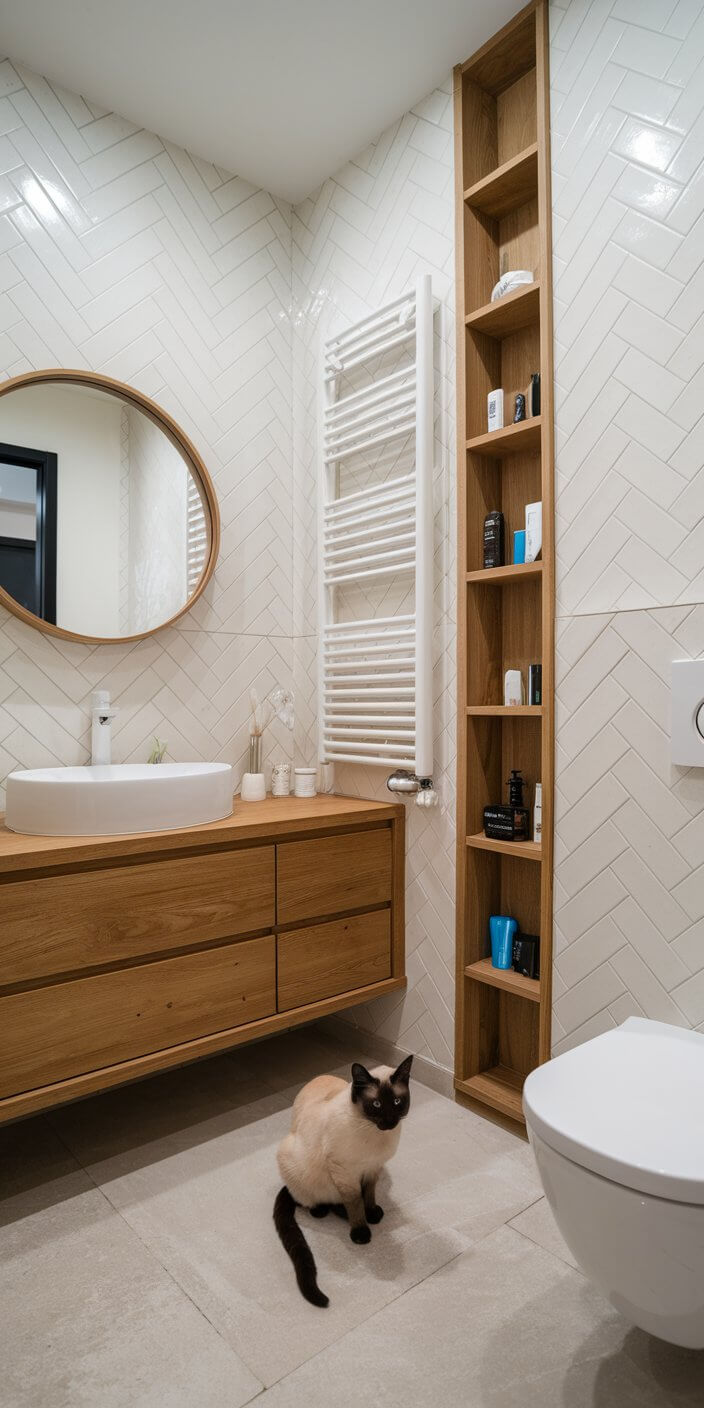 Modern bathroom with wooden vanity, round mirror, and herringbone tiles. A Siamese cat sits on the floor near a toilet.