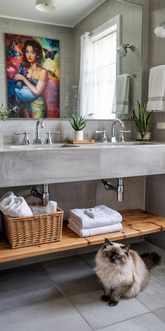 A cat sits in a modern bathroom with double sink, towels, plants, and colorful artwork of a person with butterflies on the wall.