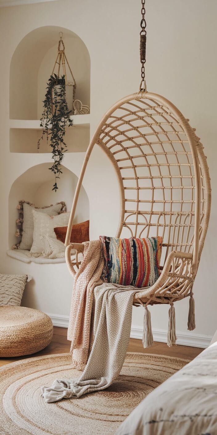 Cozy room with a hanging wicker chair adorned with colorful pillows. Shelves displaying plants and cushions, natural tones enhance the serene ambiance.