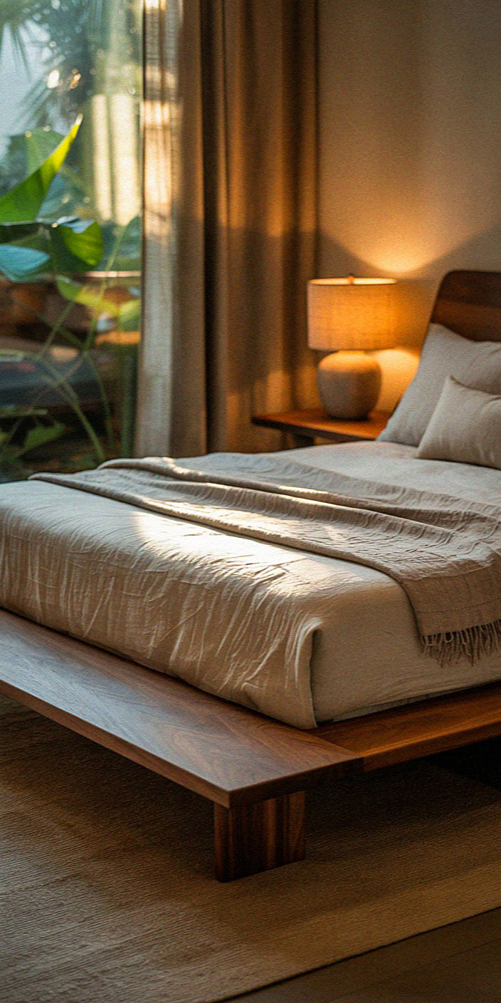 A cozy bedroom with a wooden platform bed, soft lighting, and lush plants visible through a window, creating a serene atmosphere.