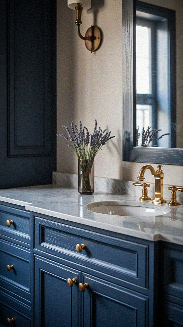 Elegant bathroom with blue cabinets, marble countertop, gold fixtures, and lavender in a vase. Mirror and wall sconce complete the decor.