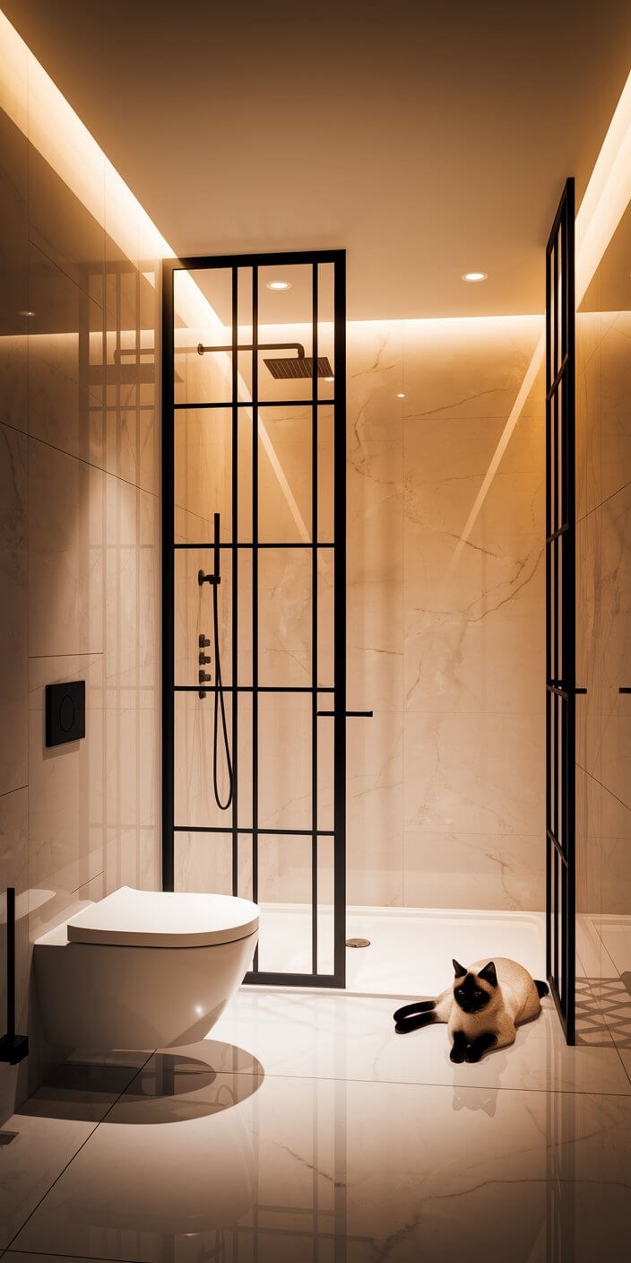 Modern bathroom with marble tiles, black-framed glass shower, wall-mounted toilet, and a Siamese cat lounging on the floor. Warm ambient lighting.