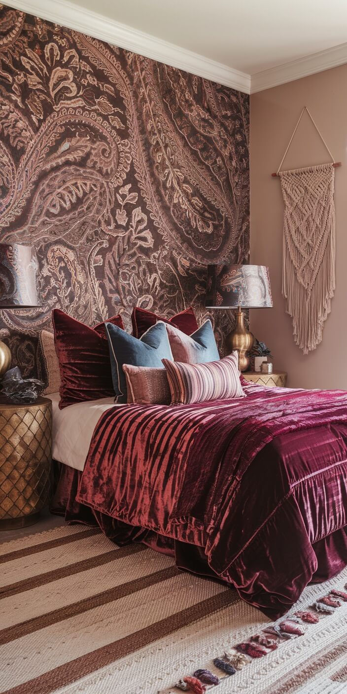 Elegant bedroom with paisley wallpaper, plush burgundy bedspread, various pillows, textured rug, and wall macrame decor creating a cozy, luxurious ambiance.