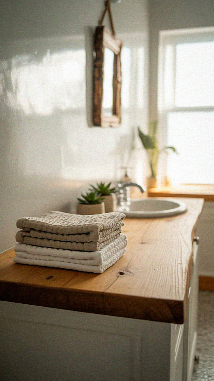 A bright bathroom with stacked beige towels, wooden counter, small plant, and a mirror. Sunlight streams through the window, creating warmth.