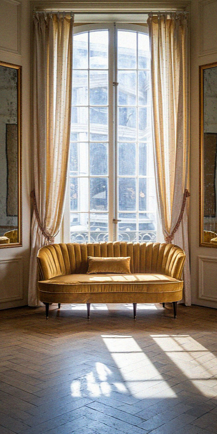 Elegant parlor with a gilded couch, large French windows, and sunlit parquet flooring, creating a refined and serene atmosphere inside.