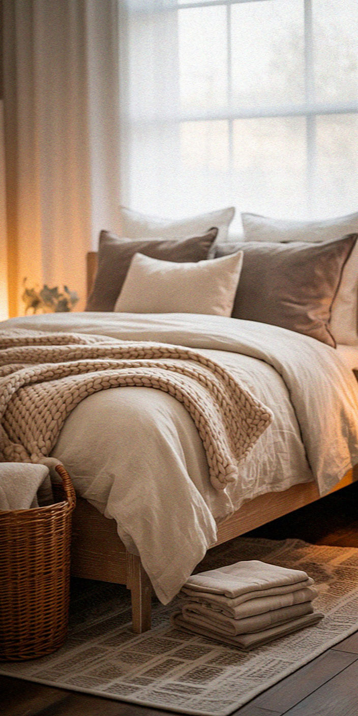 Cozy bedroom with a large bed, layered neutral blankets, cushions, wicker basket, and soft lighting, creating a warm and inviting atmosphere.
