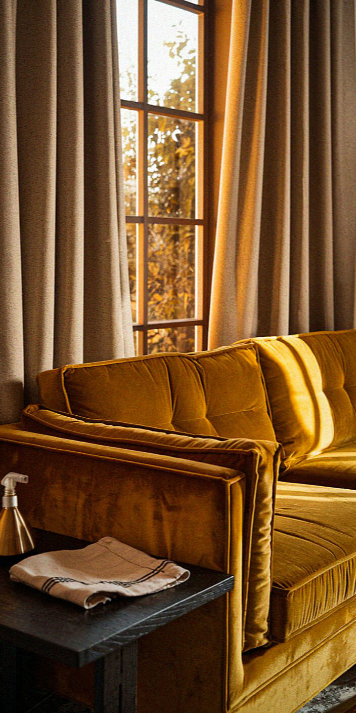 Cozy room with a mustard velvet couch, dark wooden table, and a cloth by large window with light filtering through beige curtains.