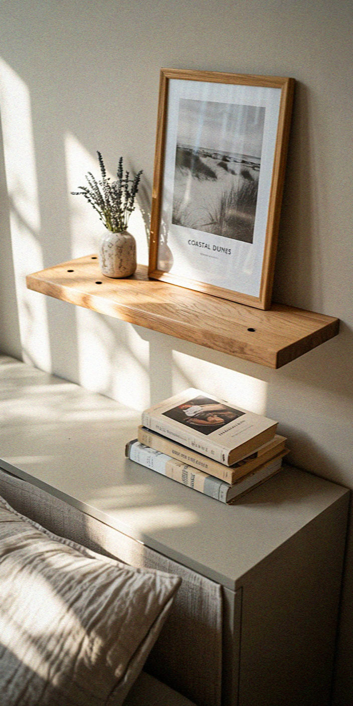 A cozy room corner with a wooden shelf, coastal dunes photo, vase with flowers, stacked books, and soft light.