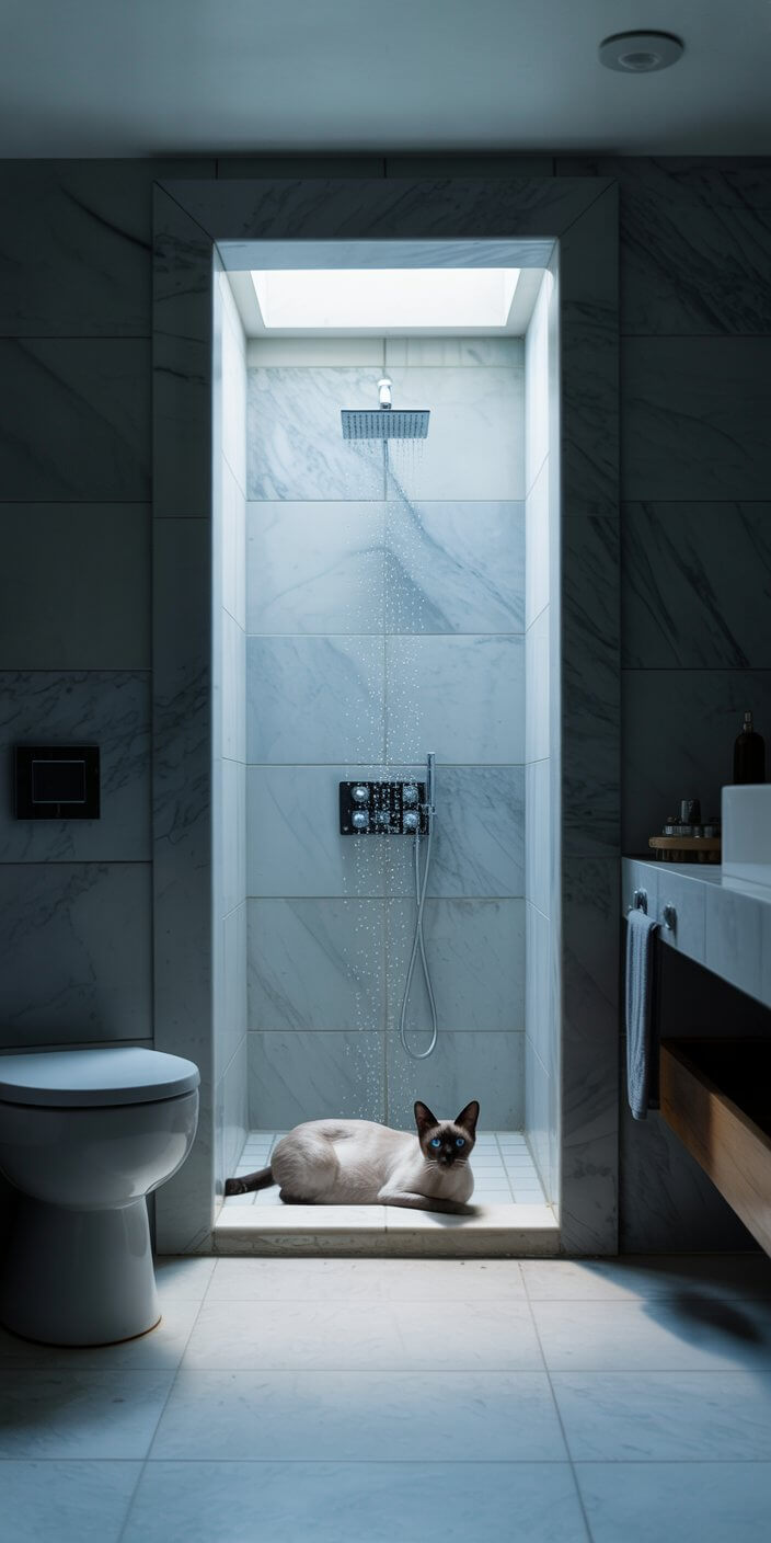 A modern bathroom with a skylight shower, marble tiles, and a Siamese cat sitting in the stall. Toilet and sink nearby.