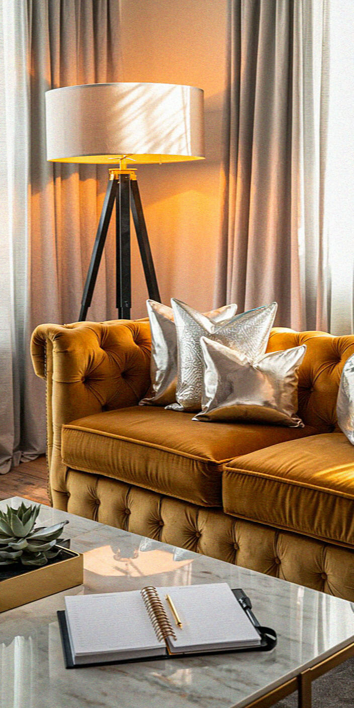 A cozy living room features a mustard velvet sofa, metallic pillows, marble table, lamp, notebook, pen, and potted succulent, with soft drapes.