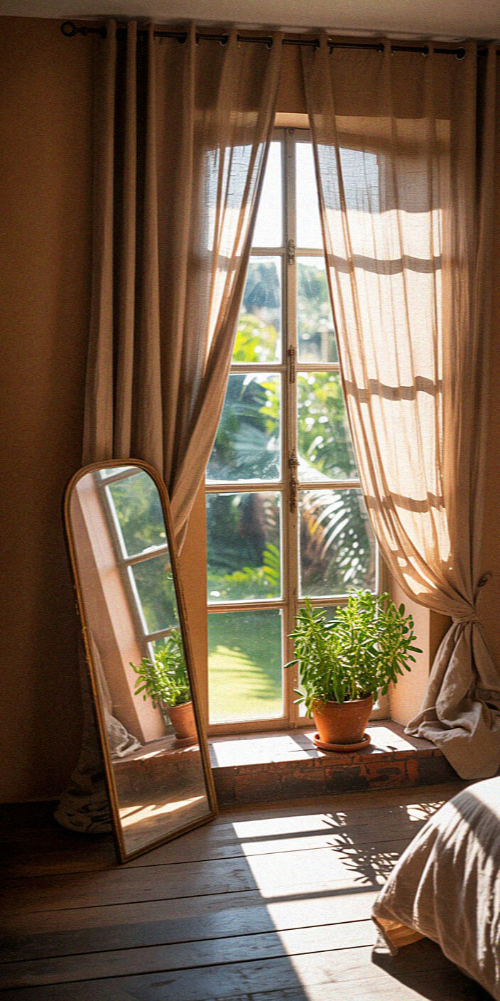 Sunlit room with potted plant, mirror, and curtain-framed window. Wooden floor and bed partly visible, casting natural shadows across space.