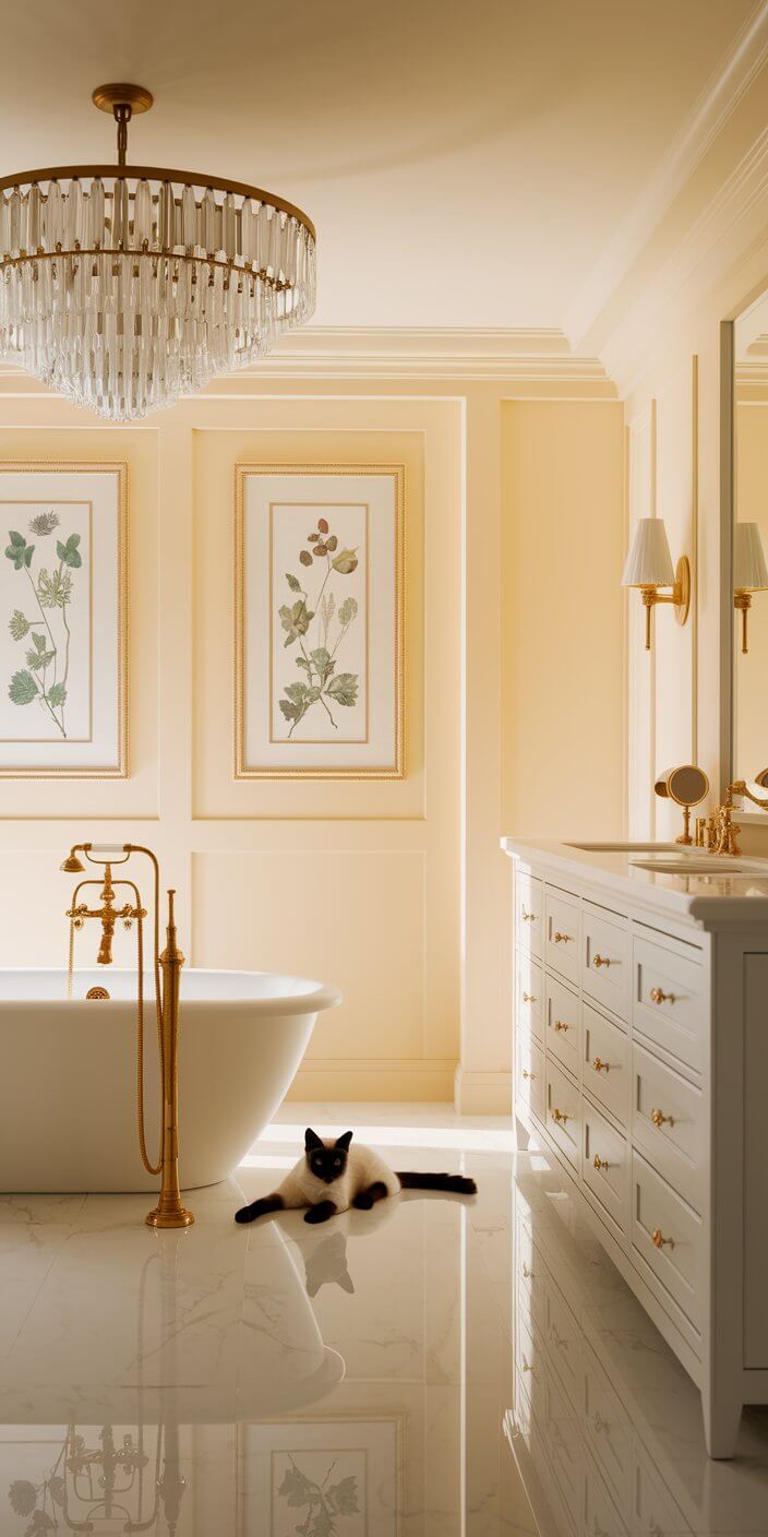 Elegant bathroom with chandelier, freestanding tub, botanical art, and a cat on polished marble floor. Golden fixtures add a luxurious touch.