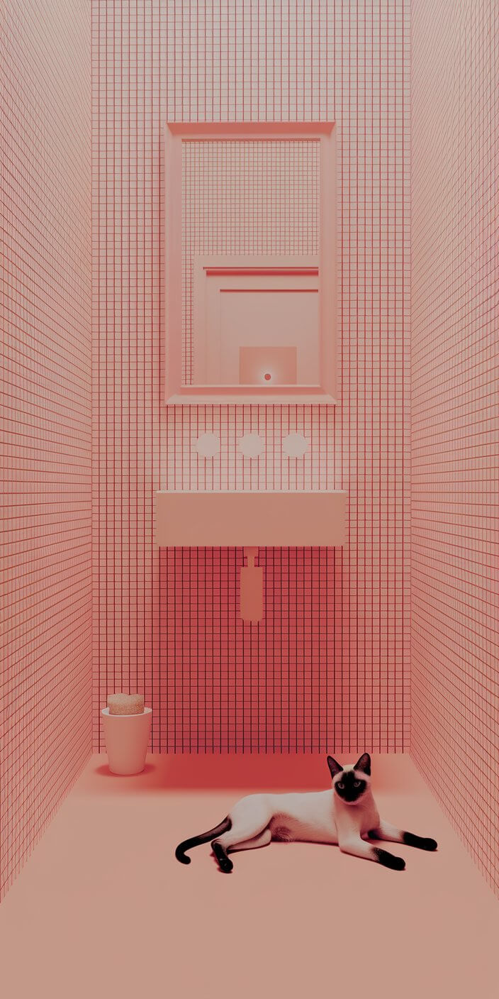 A minimalist pink-tiled bathroom features a small sink, mirror, and lounging cat, creating a stylish, monochromatic design with geometric accents.