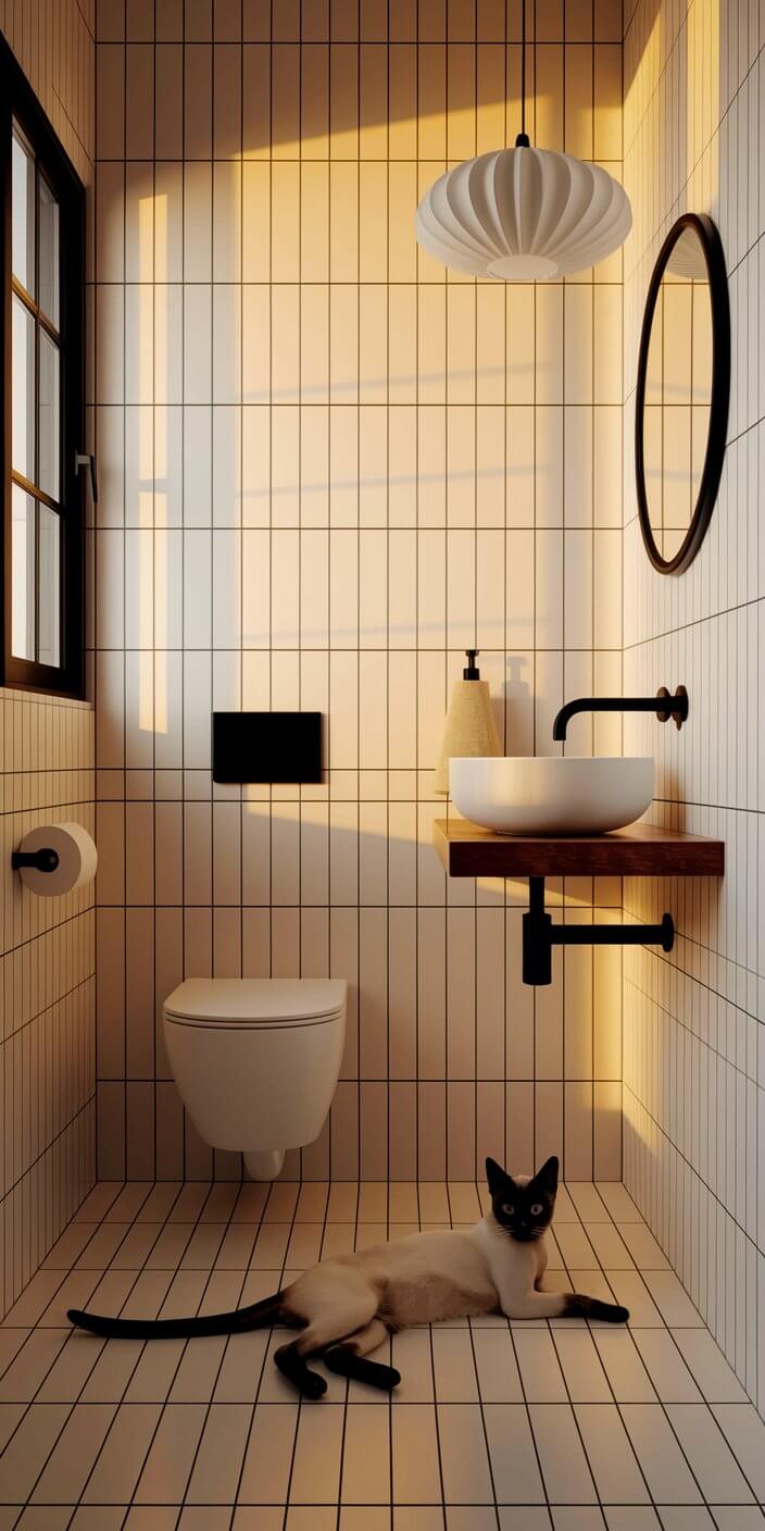 Minimalist bathroom with vertical tiles, floating sink, round mirror, and a Siamese cat lounging on the floor. Warm light filters through.