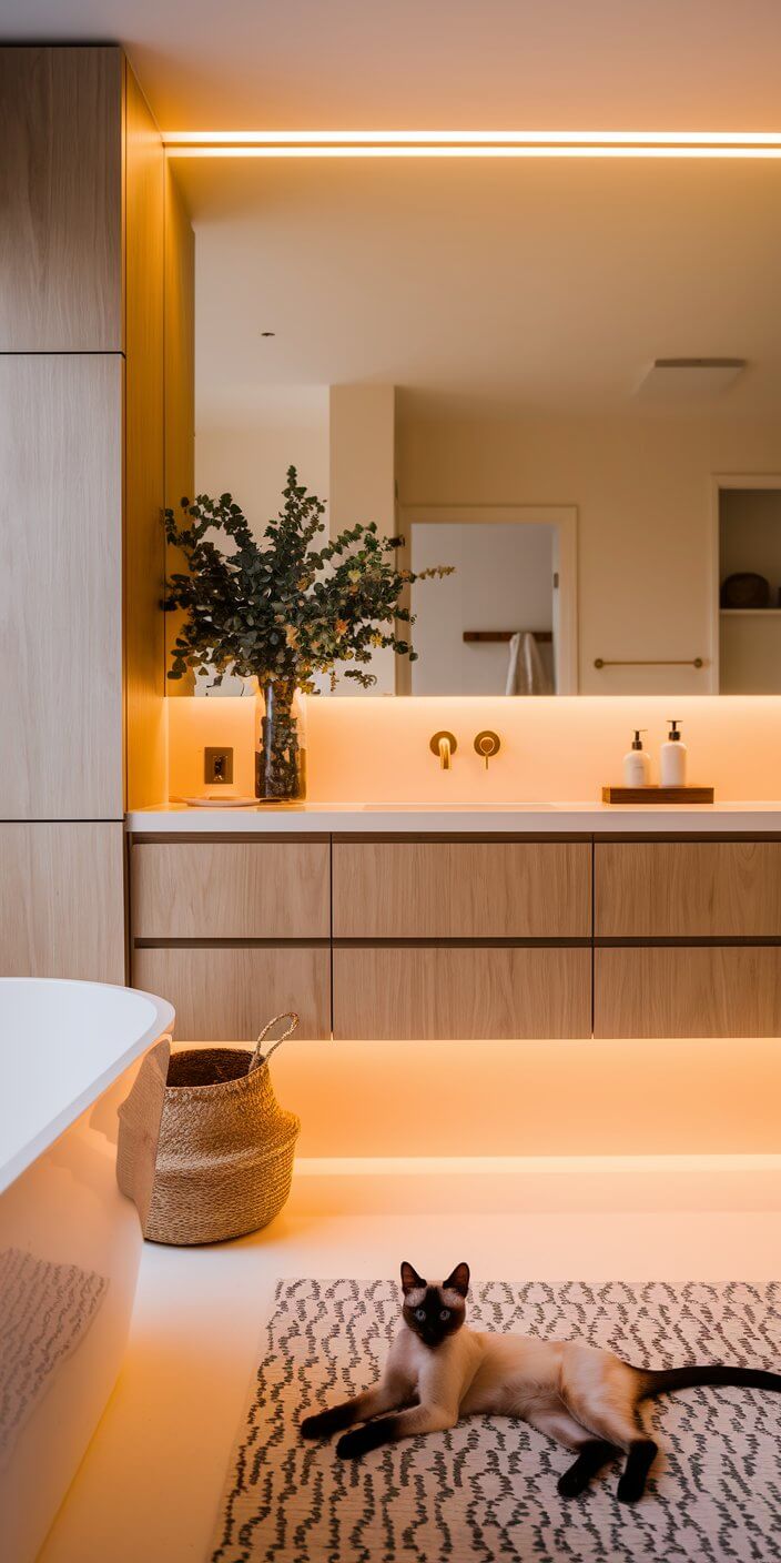 Modern bathroom with wooden cabinets, sleek lighting, and a large mirror. A cat relaxes on a patterned rug by a basket and bathtub.