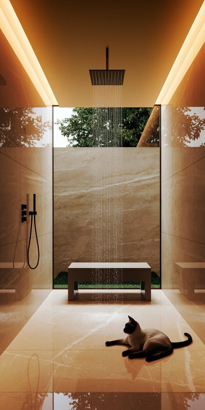Luxurious shower room with stone walls and large window. Water cascades under soft lighting. A cat lounges on the floor peacefully.