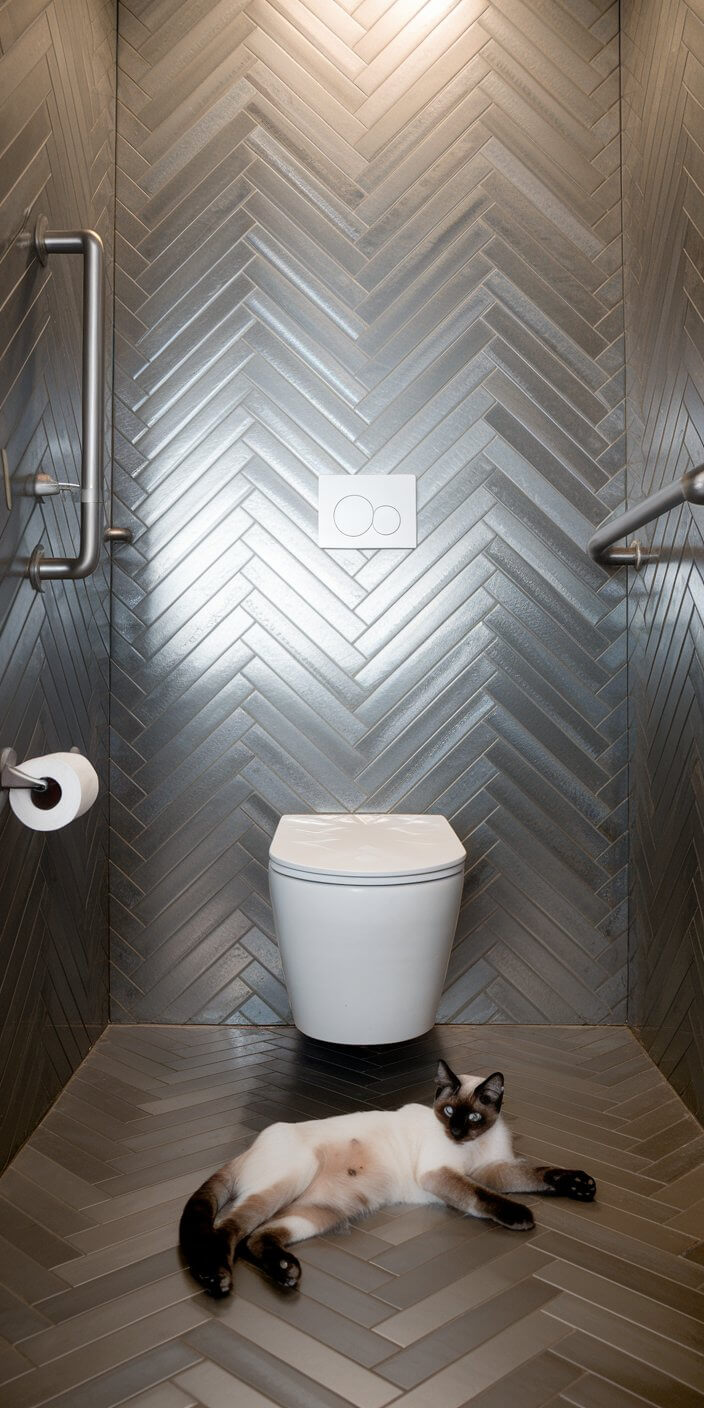 A sleek, modern bathroom with herringbone tiles; a cat lounges on the floor near a minimalist toilet, under soft lighting.