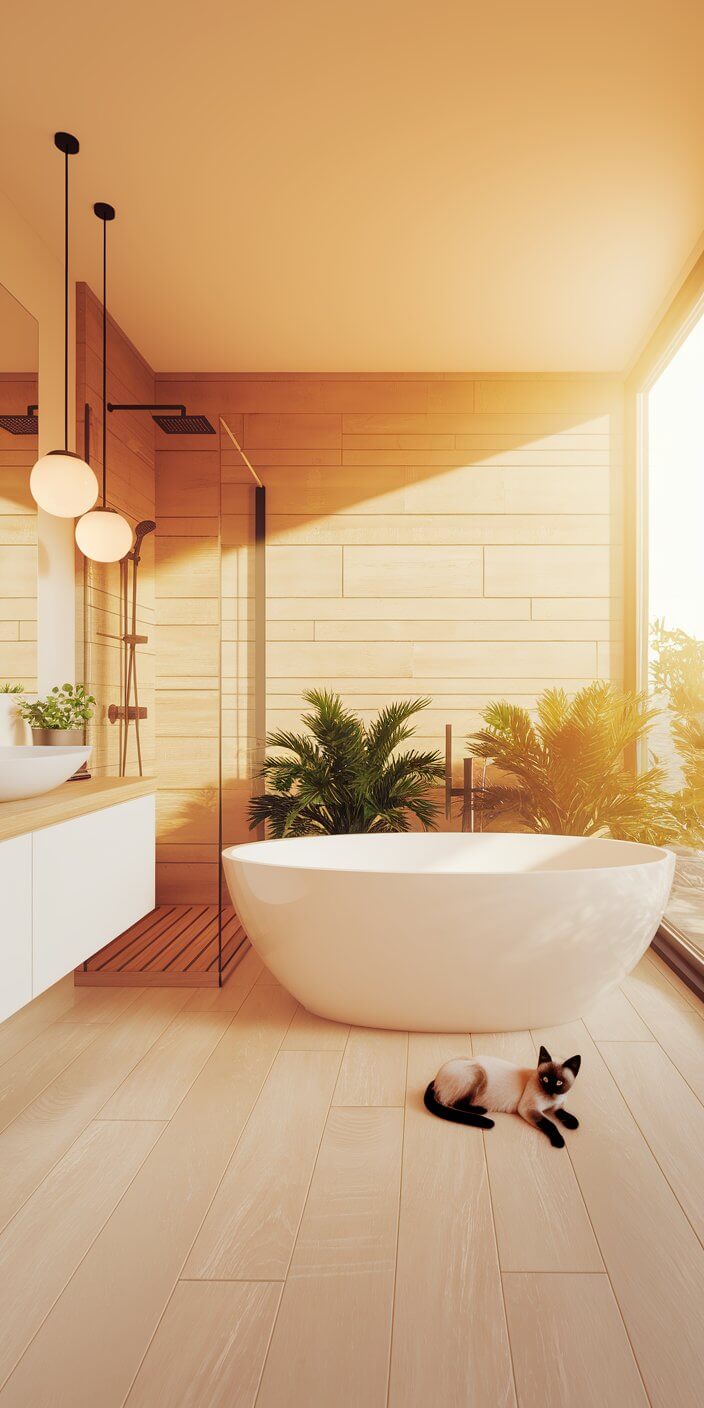 A serene bathroom with a freestanding tub, potted plants, and a Siamese cat lounging on wooden floors under warm, natural light.