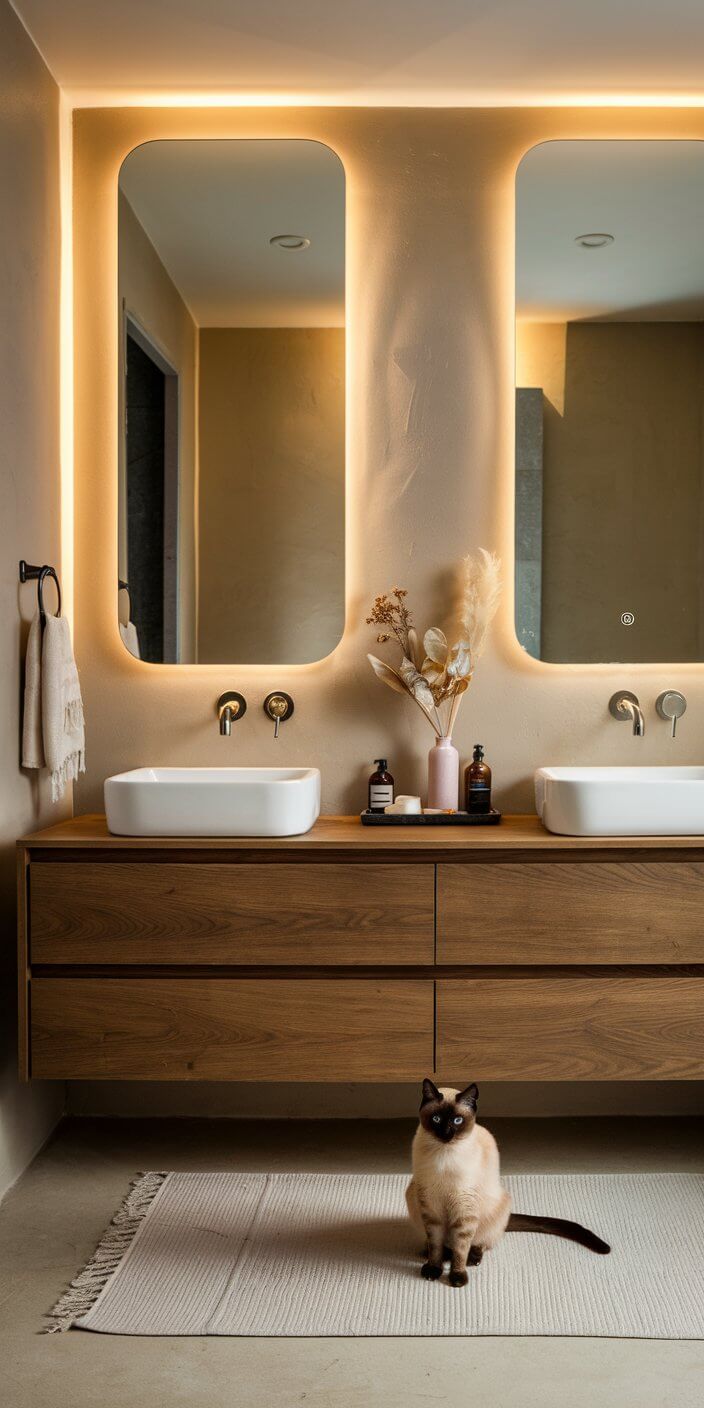 Modern bathroom with double sinks, backlit mirrors, wooden vanity, decorative plants, and a cat sitting on a rug. Minimalist and cozy atmosphere.